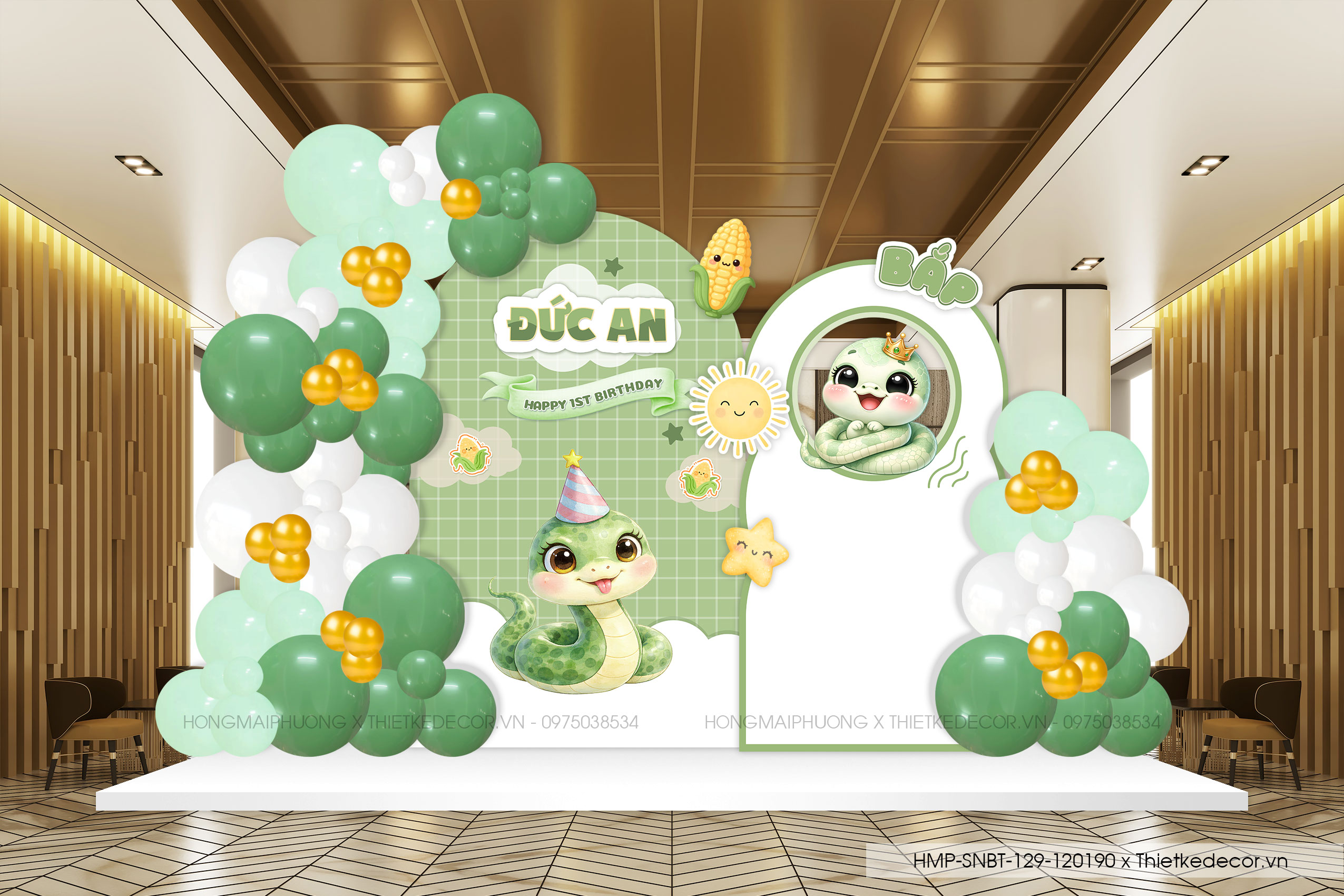 File thiết kế decor trang trí tiệc sinh nhật bé trai tuổi rắn mix bong bóng cute dễ thương đáng yêu tone xanh lá, tên Bắp